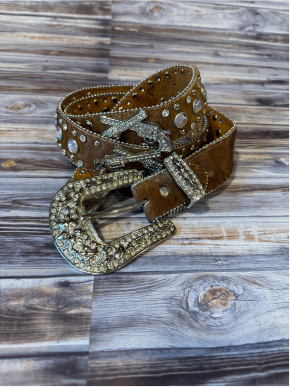 Atlas Six Shooter Cross Belt brown Cowhide Fur Studded Rhinestone Belt